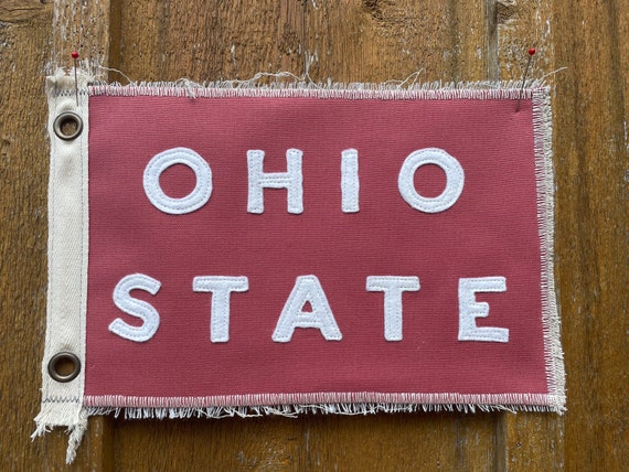 Vintage inspired OHIO STATE camp flag red, white letters and grey stitching  banner handmade Go Buckeyes Columbus Go Bucks