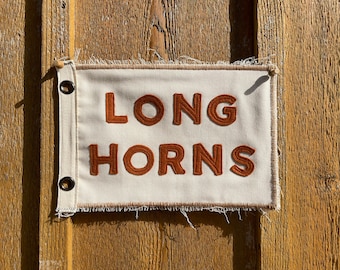 Vintage inspired University Texas Long Horns camp flag cream and rust colored banner handmade