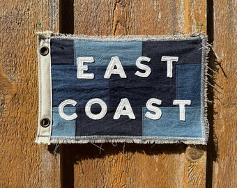 Vintage Inspired camp flag upcycled recycled beach flag New Jersey Florida swell pipeline shred denim scraps EAST COAST