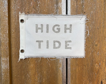 Vintage inspired cream canvas High Tide camp flag California surf Florida ocean pipeline swell pennant banner
