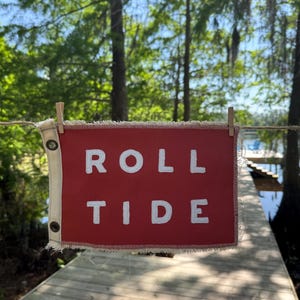 Vintage inspired University of Alabama Roll Tide camp flag red and white colored banner handmade