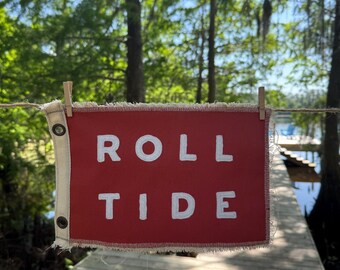 Vintage inspired University of Alabama Roll Tide camp flag red and white colored banner handmade