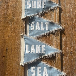 Vintage Inspired Dusty Blue Canvas Pennant: Salt, Surf, Sea, Lake