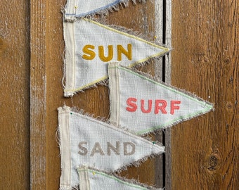 Vintage inspired mini summer pennant neutral white beige/tan California Surf Salt Sand Sun Sea white textured fabric textile coastal