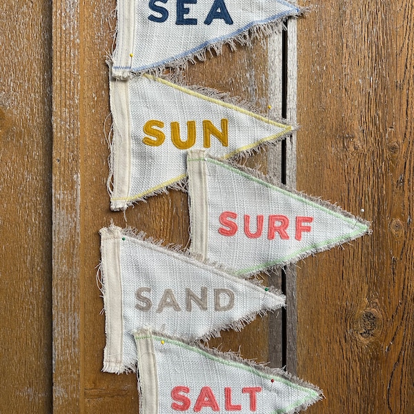 Vintage inspired mini summer pennant neutral white beige/tan California Surf Salt Sand Sun Sea white textured fabric textile coastal