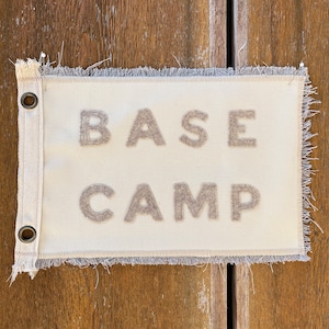 Base Camp Cream Canvas Flag: Tan Lettering, Camping Decor