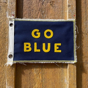 Vintage inspired dark blue Go Blue camp flag banner University of Michigan wall decor Wolverines