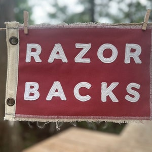 Vintage inspired University of Arkansas Razor Backs camp flag red and white colored banner handmade