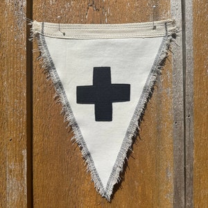 Vintage inspired  Swiss cross pennant bright white and black cotton canvas mountains camping plus sign
