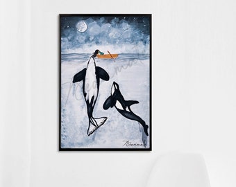 Dolphins with Moon painting ,digital download, poster,customizable size, JPG PNG prints, printables