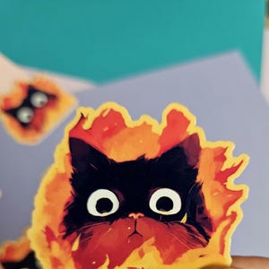 May include: A black cat with large eyes is on fire, with the text "This is fine" written below. The cat is surrounded by orange and yellow flames.