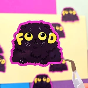Adesivo in vinile Fluffy Void Kitty FOOD, resistente alle intemperie, ideale per animali domestici, regalo per amanti dei gatti o per bottiglie d'acqua.