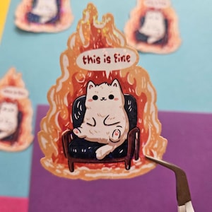 This is Fine Cat Sticker – Funny Meme-Inspired Fire Cat Vinyl Decal for Laptops, Water Bottles, Journals