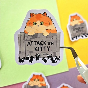 Attack on Kitty Vinyl Sticker, Funny Cat Meme Parody Decal