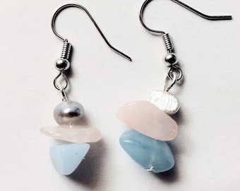 aphrodite earrings, pearl earrings dangle, goddess earrings, aquamarine jewelry, witchy gifts, rose quartz gifts, metaphysical gifts for