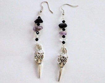 morrigan earrings, amethyst earrings, goddess earrings, raven skull earrings, metaphysical gifts for women, witchy gifts for healing