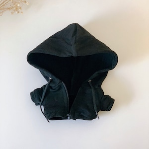 Hoodie with adjustable strings and zipper, For 20cm Plush Doll, Cotton Blend, Solid Color: Black