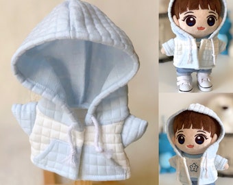 Comfy Outerwear With Hood And Two Real Pockets, Fit For 20cm Plush Doll, Ice Blue And White