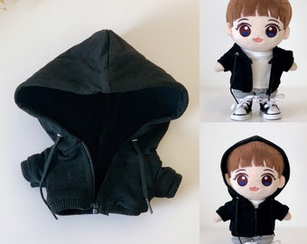 Hoodie with adjustable strings and zipper, For 20cm Plush Doll, Cotton Blend, Solid Color: Black