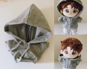 Hoodie with adjustable strings and decorative pocket, For 20cm Plush Doll, Cotton Blend, Solid Color: Grey