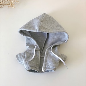 Hoodie with adjustable strings and zipper, For 20cm Plush Doll, Cotton Blend, Solid Color: Grey
