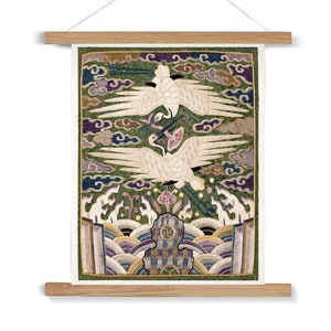 Korean Double Cranes, Silk Swans, Traditional Hyungbae Textile Design, Bird Lover, Natural Landscape Meadow Fine Art Print w Thangka Hanger