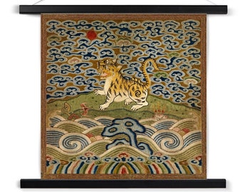 Qing Dynasty, Chinese Silk Embroidery | Leopard Lion Cat Mandarin Square Thangka  | Vintage Fine Art Print with Hanger