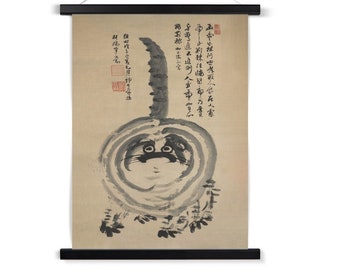 Antique "Chonk" Fat Housecat, Zen Gift Hakuin Sumi-E Japanese Kawaii Cute Pet Kitty Cat Brush Painting Fine Art Print with Hanger