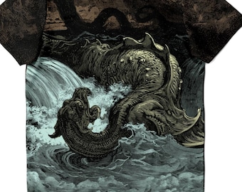 Destruction of Leviathan | Sea Monster, Dragon, Sea Serpent, Gustave Dore Demonic Occult Gift, Dark Evil Spirits Vintage Art T-Shirt Tee