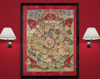 May include: A red bathroom with a black tiled wall, a white bathtub with a red exterior, and a framed image of a colorful mandala with a black frame. Two white wall sconces with black shades are on either side of the image.