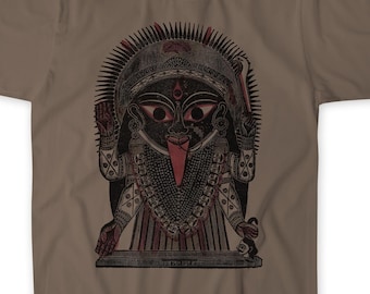 Goddess Kali Antique Kalighat Indian Woodcut Print | Vintage Kalika Boho Hindu Folk Art Skull Durga Shiva Krishna Graphic Art T-Shirt Tee