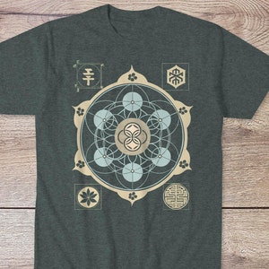Green Sacred Geometry Tee | Flower of Life, Metatron&#39;s Cube, Sri Yantra | Asian Taoist Esoteric Alchemy Golden Ratio Boho Graphic Art TShirt