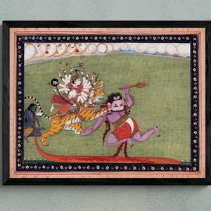 Goddess Durga Defeats Demon Mahishasura | Vintage Hindu Mythology, Yoga Studio, Krishna, Shiva, Kali, Ganesha, Vishnu Vintage Fine Art Print