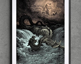 Framed Matted Destruction of Leviathan | Gustave Dore Occult Satan Dragon Serpent | Gothic Vintage Lucifer God Framed Matted Fine Art Print