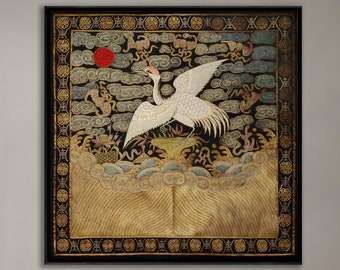 Chinese Silk Embroidery Heron Bird Mandarin Square Qing Dynasty, Antique Wall Art Decor Vintage Fine Art Print