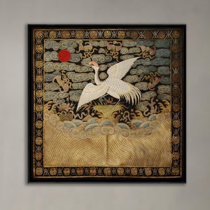 Chinese Silk Embroidery Heron Bird Mandarin Square Qing Dynasty, Antique Wall Art Decor Vintage Fine Art Print