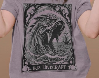 H.P. Lovecraft, Dagon & die Tiefenwesen | Uralter übernatürlicher Gott | Vintage-Seeungeheuer | Okkultes Horror-Boho-Geschenk-T-Shirt mit Grafikdruck