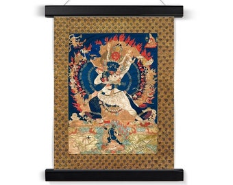 Yama and Consort, Sacred Tibetan Fine Art Vintage Fine Art Print Buddhist Tantra Nepal Deity with Thangka-Style Hanger