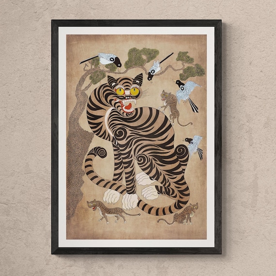 額入りヴィンテージ韓国民話「トラとカササギ」｜古典神話民話絵画、猫