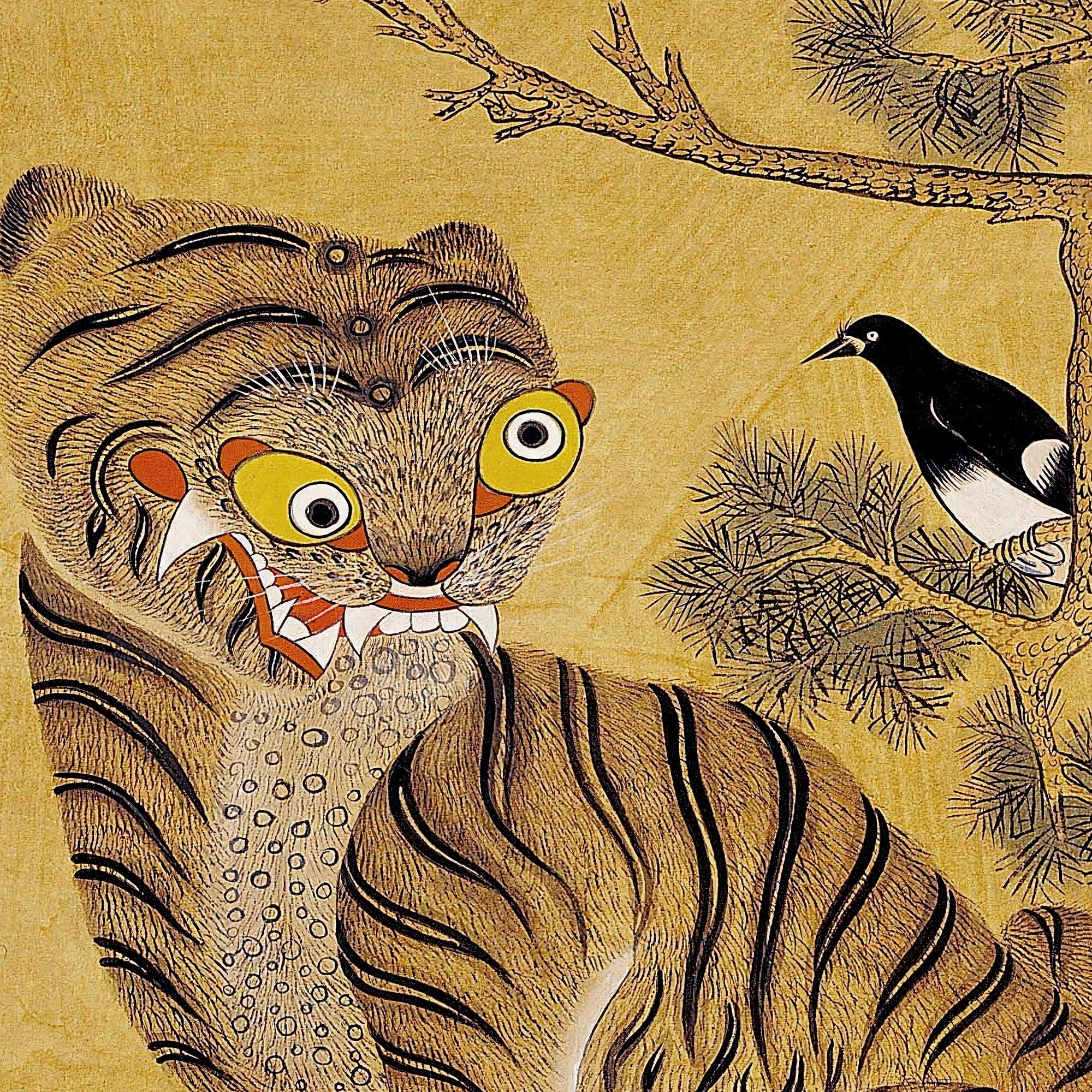 韓国の民芸絵画 虎とカササギ 1980 ミンファ「虎とカササギ」：19世紀韓国の古典民画、アンティーク