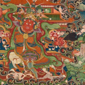 May include: A vibrant, detailed painting depicting a deity with a red face and three eyes, adorned with intricate patterns and flowing robes. The artwork features a complex composition with various figures, animals, and architectural elements, showcasing a rich color palette.