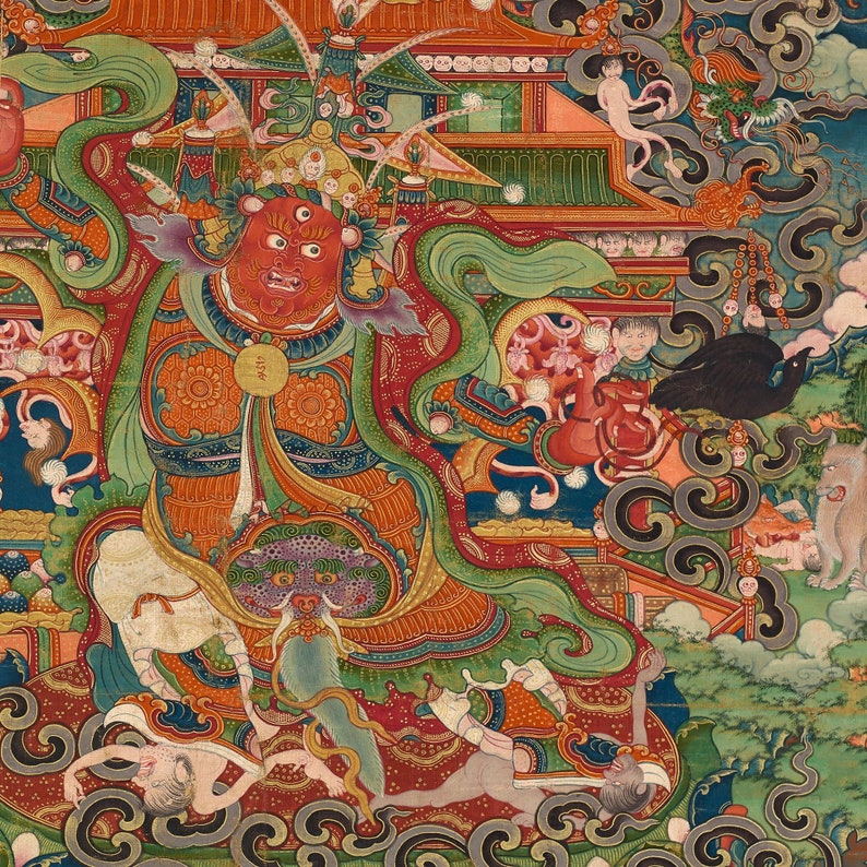 May include: A vibrant, detailed painting depicting a deity with a red face and three eyes, adorned with intricate patterns and flowing robes. The artwork features a complex composition with various figures, animals, and architectural elements, showcasing a rich color palette.