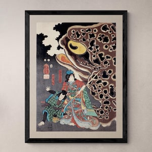 Utagawa Kuniyoshi: Jiraya fighting Orochimaru Japanese Ukiyo-e Samurai Ronin Frog Toad Decor Antique Asian Framed Art Print