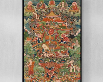 May include: A colorful Tibetan Buddhist painting depicting a deity surrounded by other figures and symbols. The painting is filled with intricate details and vibrant colors, including red, green, blue, and gold.