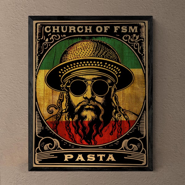 Flying Spaghetti Monster (FSM) Pastafarian | Pasta-Rasta Bob Marley Fusion | Reggae, Rastafari, Vintage Atheist Poster Fine Art Print