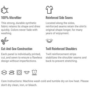 May include: Informational graphic detailing fabric and construction features. Text includes "100% Microfiber", "Reinforced Side Seams", "Cut-And-Sew Construction", and "Twill Reinforced Shoulders". Care instructions are also provided.