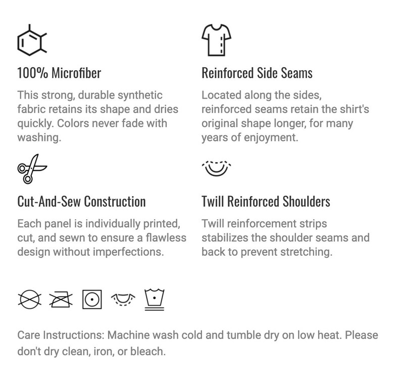 May include: Informational graphic detailing fabric and construction features. Text includes "100% Microfiber", "Reinforced Side Seams", "Cut-And-Sew Construction", and "Twill Reinforced Shoulders". Care instructions are also provided.