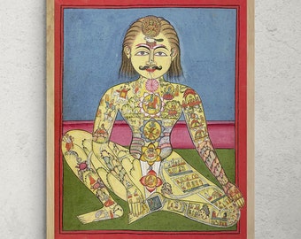 May include: A colorful illustration of a seated figure with intricate details covering their body. The figure is surrounded by a blue background and a pink border. The illustration is framed in a light wood frame.