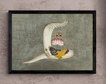 Framed Antique Vishnu, Brahma, Naga, Cosmic Creation Hindu Deity Yoga Yogic Vedic Ganesha Krishna Vishnu Cosmology Framed Art Print