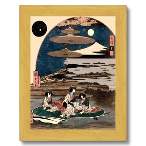 Extraterrestres en el arte japonés Ukiyo-e / El Uchuu-jin, ovnis extraterrestres espaciales surrealismo japonés, impresión original de bellas artes de fantasía vintage